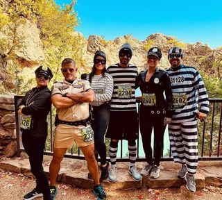 It wasn't easy but I was able to run and finish 5.3 miles because of this crazy crew! #mytribe❤ #running #greatturtlerun #halloweenfun #copsandrobbers #80s